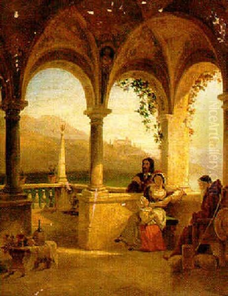 Figures Seated On A Covered Balcony On The Italian Mediterranean - view 1