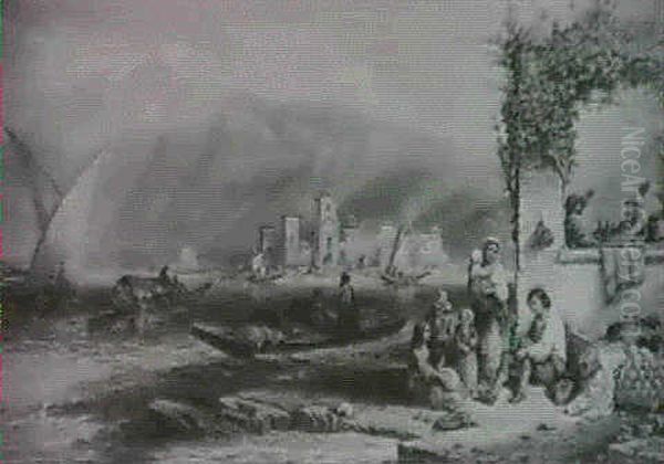 A Continental Lake Scene With Figures In The Foreground - view 1
