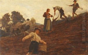Farm Workers Tilling And Sowing A Hillside