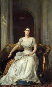 A Portrait Of Mrs. Mabel Brooks Of Kinmount, In A Cream Dress, Holding A Plume Of Feathers