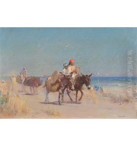 Orientalische Szene Mit Maultieren by Jacques Elie Abraham Hermanjat