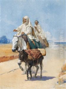 Orientalische Reiter Mit Einem Esel by Jacques Elie Abraham Hermanjat