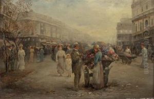 Belebte Wiener Strasenszene Mit Blumenverkauferin by Emil Barbarini