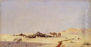 Beduinen In Zelten Mit Kamel Und Schafen In Der Wuste by Jacques Elie Abraham Hermanjat
