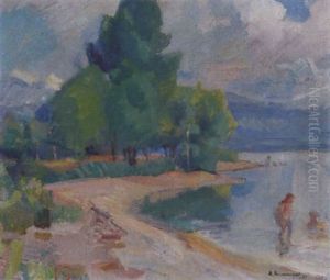 Sommerliche Seelandschaft Mit Badenden
