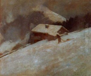 Winterliche Landschaft Mit Bauernhaus Und Frau by Jacques Elie Abraham Hermanjat