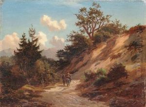 Sudliche Gebirgslandschaft Mit Eselsreiterin Und Bauer Im Sandigen Hohlweg by Heinrich Hermann