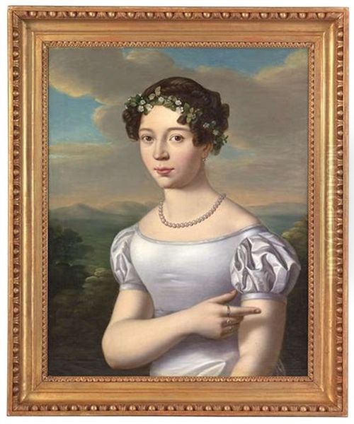 Bildnis Eines Madchens In Weisem Kleid Und Mit Einem Blutenkranz Im Haar Als Halbfigur Vor Landschaftshintergrund - view 1