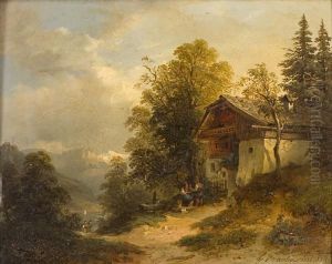 Paesaggio Montano Con Viandanti Presso Una Baita