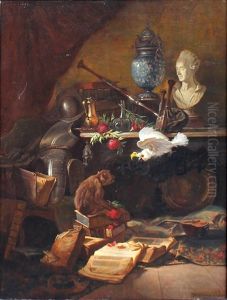 Nature Morte Au Singe Et A L"oiseau by Leon Charles Hermann