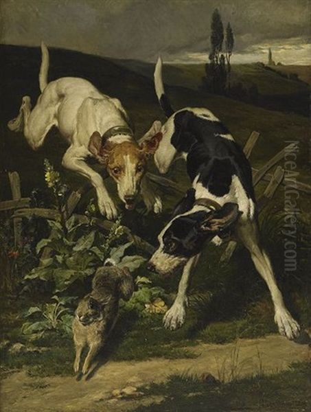 Deux Chiens Poursuivant Un Lapin - view 1