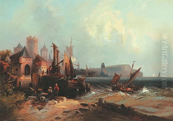 Fischerboote Bei Einem Kustenstadtchen, Im Hintergrund Ein Leuchtturm Vor Einer Klippe - Gewitterstimmung Uber Felsiger Kuste Mit Fischerbooten - view 1