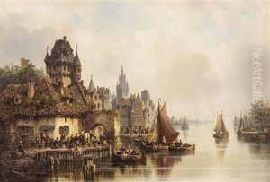 Belebter Flusskai An Einer Mittelalterlichen Deutschen Stadt