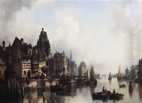 Continental River Town With Figures, Rowing Boats And Barges - view 1