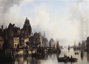 Continental River Town With Figures, Rowing Boats And Barges