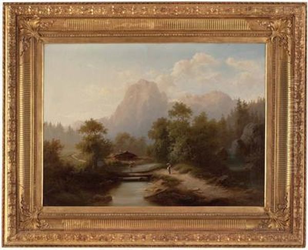 Flusslandschaft Im Hochgebirge Mit Wascherin - view 1