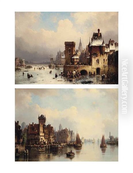 Skaters On A Frozen Waterway And Boats On A Waterway In A Northern European Town (pair) - view 1