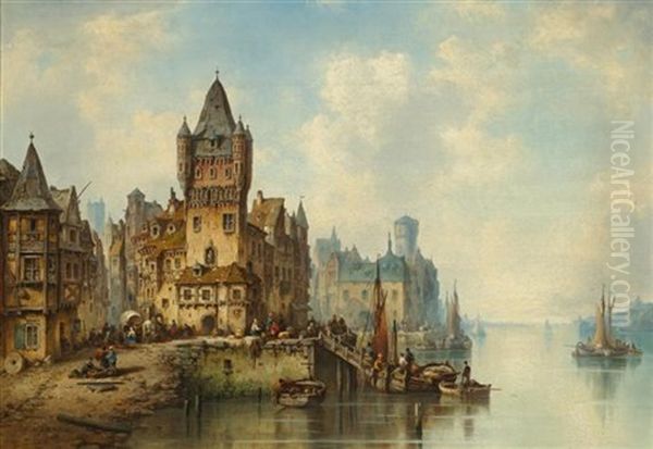 Figuren Auf Einem Kai Vor Einer Stadt - view 1