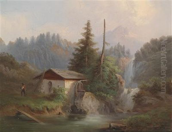 Alpine Stream With Wanderers - view 1