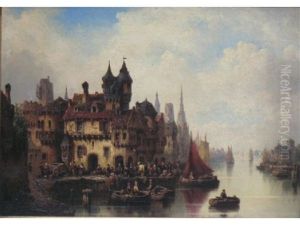 A Continental Port With Numerous Figures And Boats by Ludwig Hermann