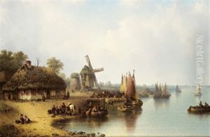 Hollandische Seelandschaft Mit Reicher, Figurlicher Staffage by Ludwig Hermann