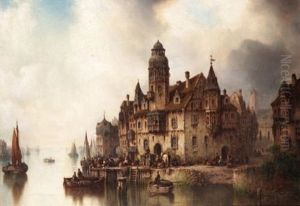 View Of A Riverside Town by Ludwig Hermann