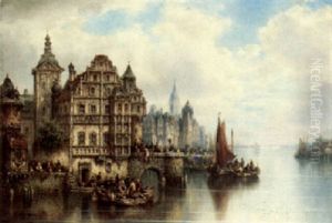 A Bustling Harbor Town by Ludwig Hermann