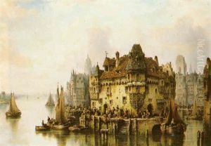 A Town On The Rhine With Numerous Figures On The Quay