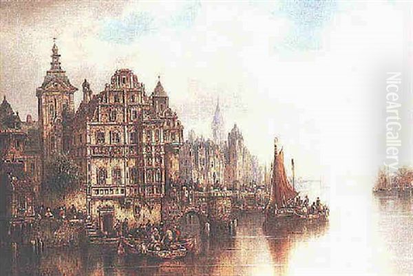 A Town Harbor With Figures On A Quay - view 1