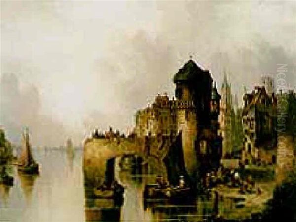 Figures Before A Continental Town On A River - view 1