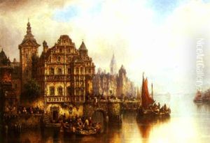 A Town Harbour With Figures On A Quay
