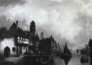 River Village Scene by Ludwig Hermann