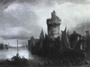 Ansicht Einer Alten Hafenstadt Mit Wehrturm Und Stadtummauerung Ansicht Einer Alten Hafenstadt Mit Wehrturm Und Stadtummauerung