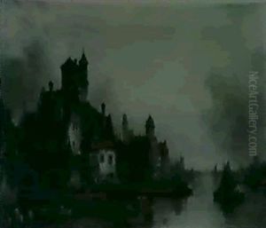 Hafenstadt (antwerpen?) Am Fluss Mit Booten Auf Dem Wasser Und Zhlreichen Staffagefiguren Am Kai Links by Ludwig Hermann