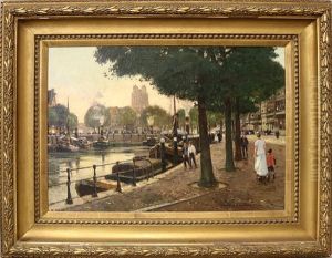 Ansicht Eines Belebten Kanallaufs In Dordrecht Mit Blick Auf Die Grote Kerk by Heinrich Hermanns