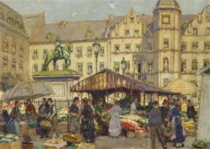Marktstande In Dusseldorf Unterhalb Des Reiterdenkmals Des Jan Wellem by Heinrich Hermanns