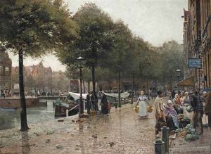 A Busy Day On The Market, Amsterdam by Heinrich Hermanns