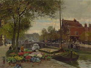 Browersgracht In Amsterdam. Lebhaftes Treiben Um Einen Blumenmarkt by Heinrich Hermanns