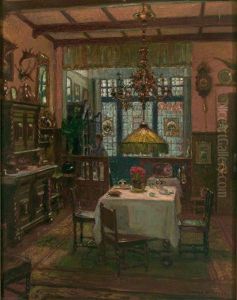 Winterdammerstunde. Reich Ausgestattetes Historismus-interieur Mit Gedecktem Tisch Vor Bleiverglastem Fenster