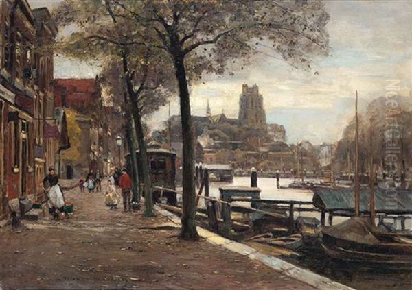 Figures On The Quay, Dordrecht by Heinrich Hermanns