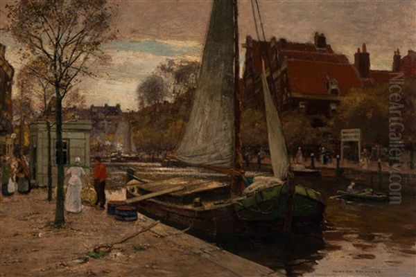 The Unloading Of A Moored Barge In The Town Centre - view 1