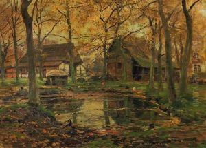Stiller Herbsttag. Federvieh An Kleinem Teich Vor Fachwerkkaten