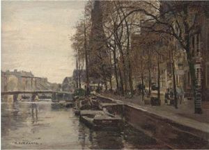 Figures Walking Beside A Canal, Amsterdam by Heinrich Hermanns