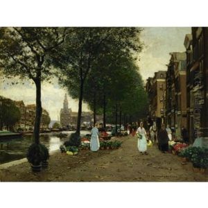 A Flower Market In Amsterdam by Heinrich Hermanns