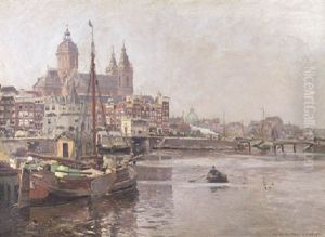 A View Of The Prins Hendrikkade And The St. Nicolaas Church, Amsterdam by Heinrich Hermanns