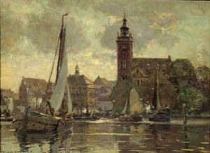A View Of A Town With Boats In The Harbour, Northern Germany (?) by Heinrich Hermanns