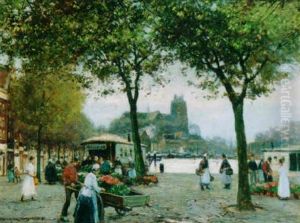 Market Stalls On A Quay by Heinrich Hermanns