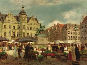 Markttag Vor Dem Rathaus In Dusseldorf by Heinrich Hermanns