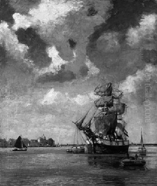 Ankernder Dreimaster Vor Einem Hollandischen Hafen - view 1