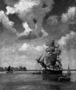 Ankernder Dreimaster Vor Einem Hollandischen Hafen by Heinrich Hermanns